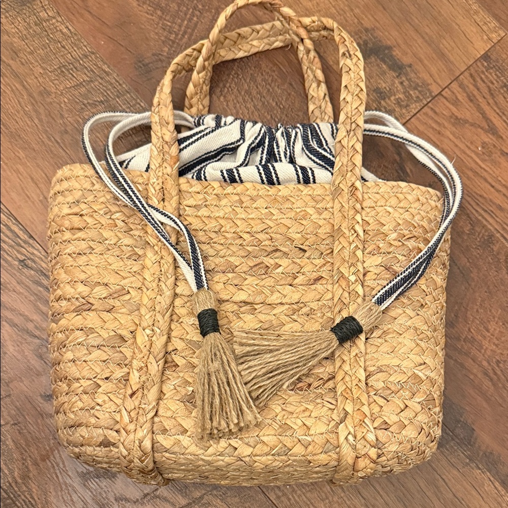 Cato Natural Straw Tote with Blue-Striped Liner and Tassel